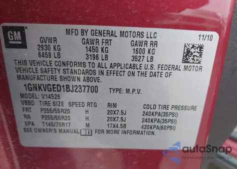 2011 Chevrolet Traverse 1Lt from USA, damaged, VIN 1GNKVGED1BJ237700